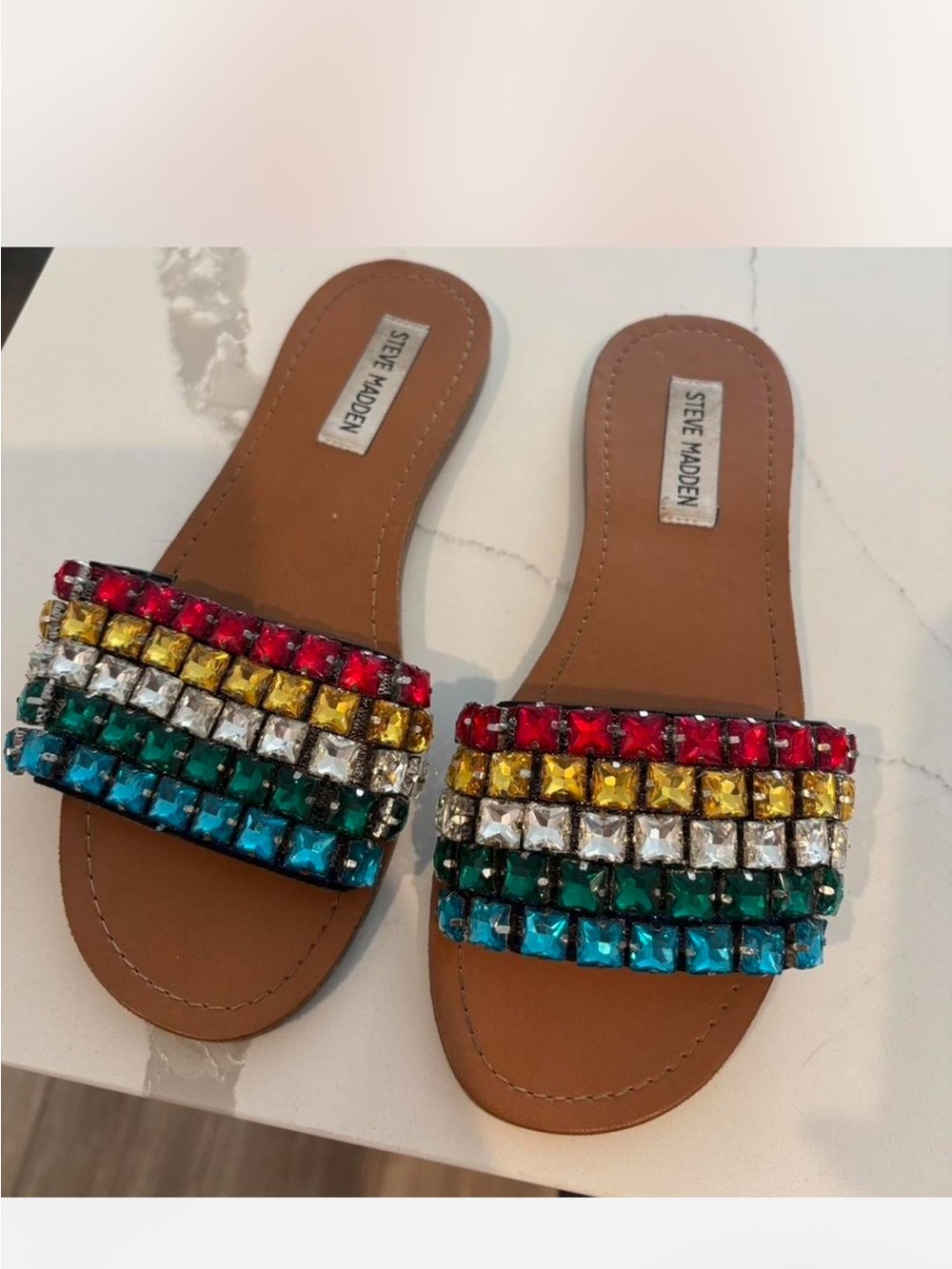 Steve Madden Multicolor Jeweled Slide Sandals - Brown Footbed